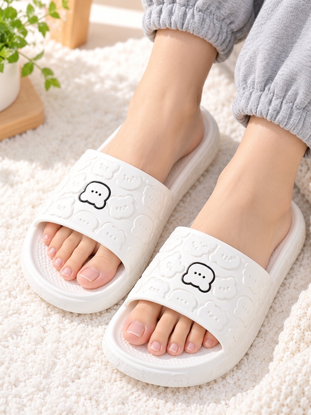 White Women’s Cloud-Pattern Slide Sandals - Comfortable Casual Slip-Ons